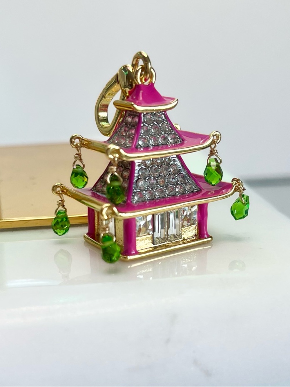 RARE Juicy Couture Pink Asian Pagoda Charm/Pendant w Green Crystal Drops - Picture 11 of 16